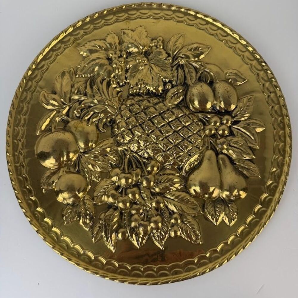 Vintage Peerage 14.5" Brass Wall Plate, Pineapple & Other Fruit, Made in England